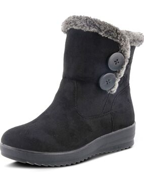 FLEXUS WATERPROOF Women Black Faux Suede Button Ankle Boot Gray Fur Trim Size5.5